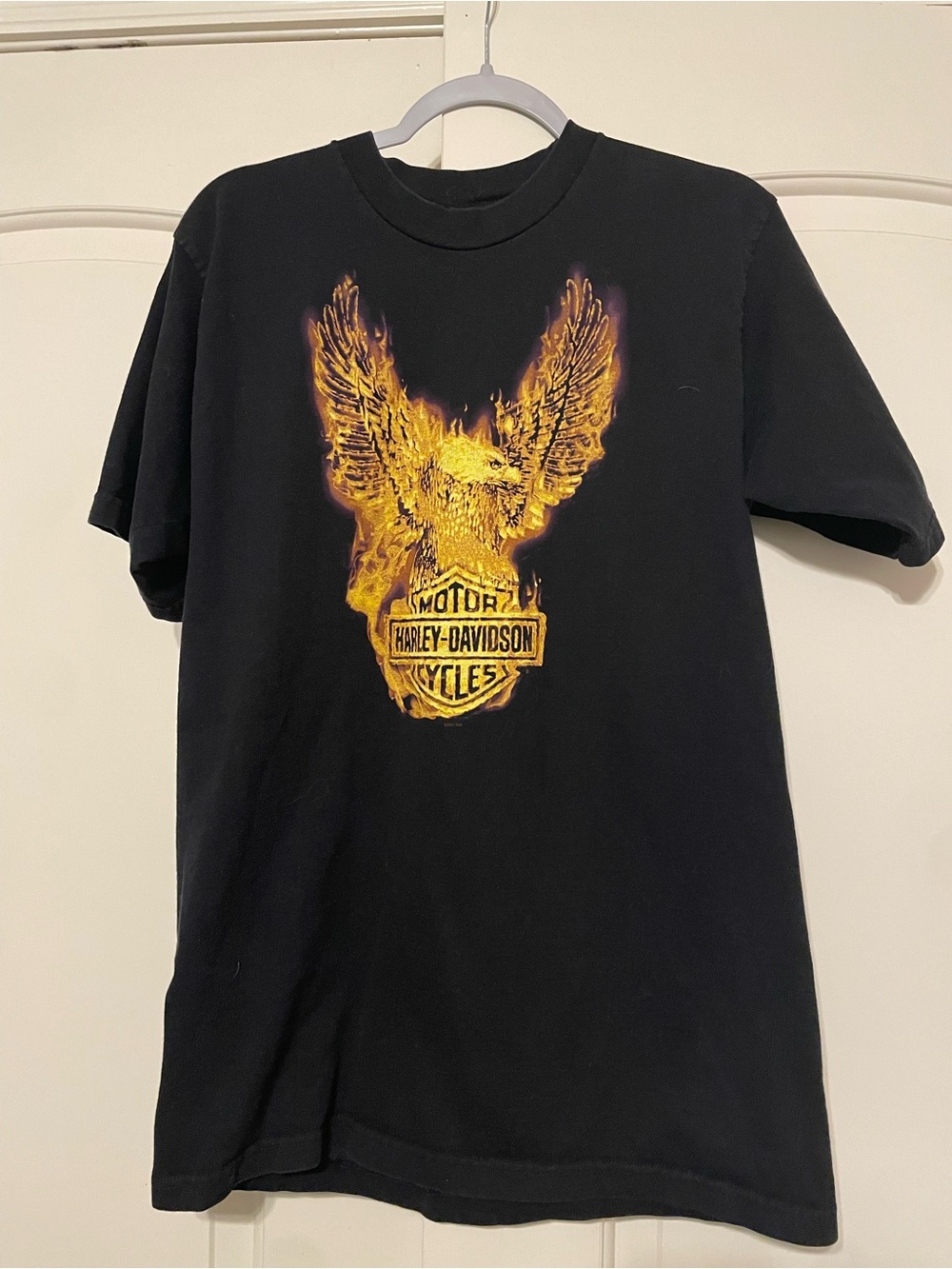 Y2K Harley-Davidson Men’s Black T-Shirt with Golden Eagle Graphic SZ L